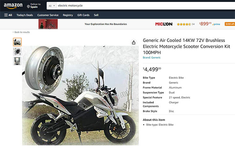 Muestra de moto eléctrica a la venta en Amazon.com